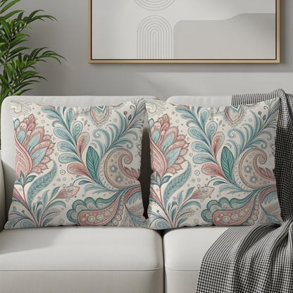 Folded pastel floral paisley pillow cover showing the spun polyester fabric texture