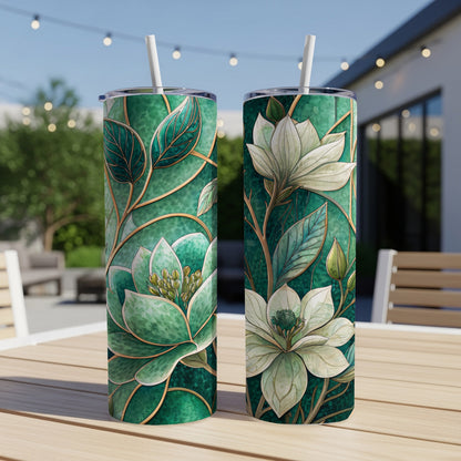Blooming Magnolias on Emerald Background 20 oz Skinny Tumbler - Walk Greener