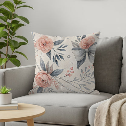 Floral Pillow with Bow Accent and Bead Details Decor