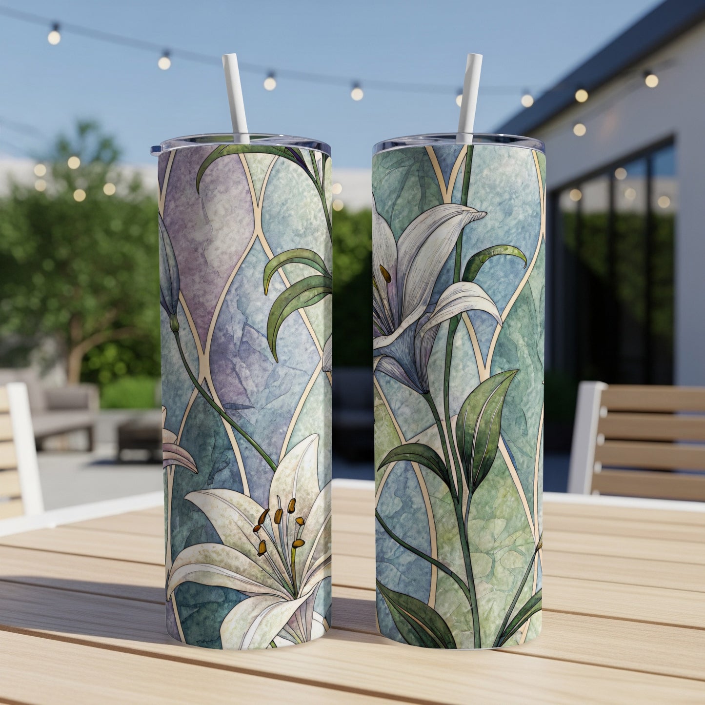 White Lilies Floral Design On Geometric Pattern 20 oz Skinny Tumbler - Walk Greener