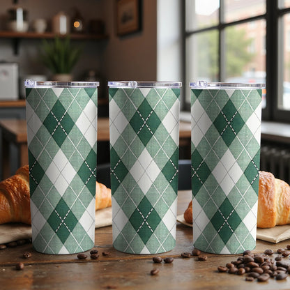 Green and White Argyle Pattern Stainless Travel Mug