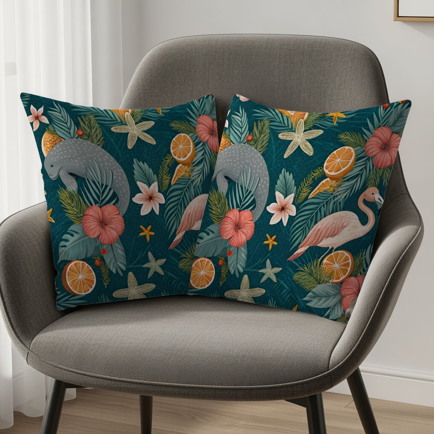 Tropical Flamingo and Manatee Design Throw Pillow Set