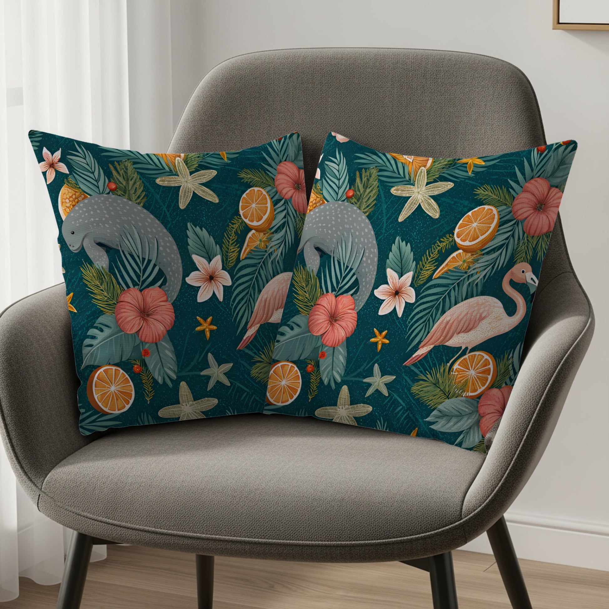 Tropical Flamingo and Manatee Design Throw Pillow Set
