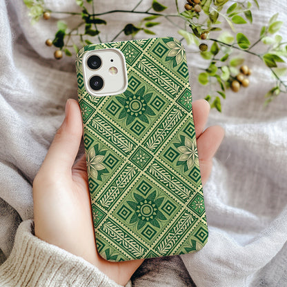 Green Geometric Patterned Phone Case with Floral Design
