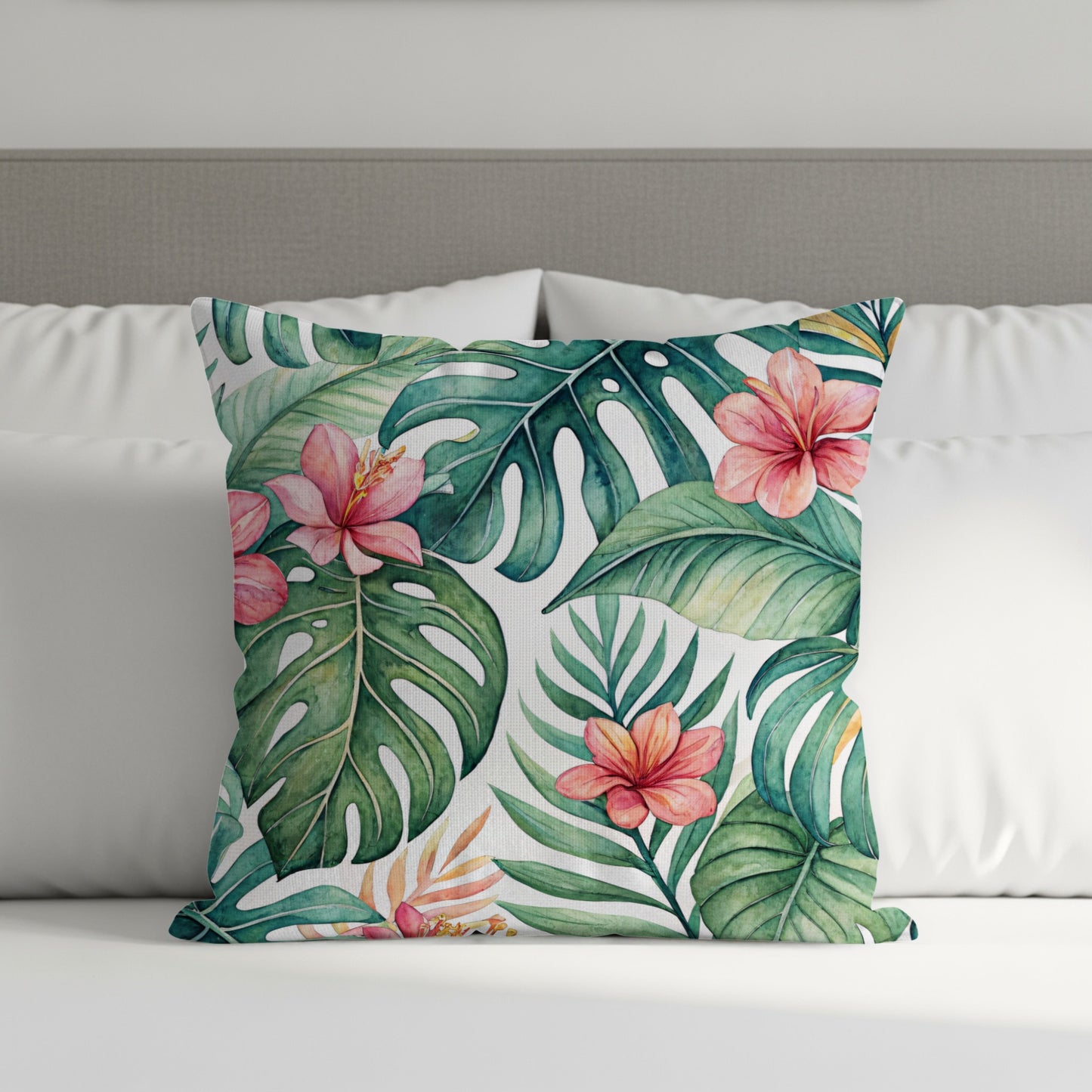 Tropical Paradise Green Leaves with Pink Flowers Pillows & Pillow Cases - Walk Greener