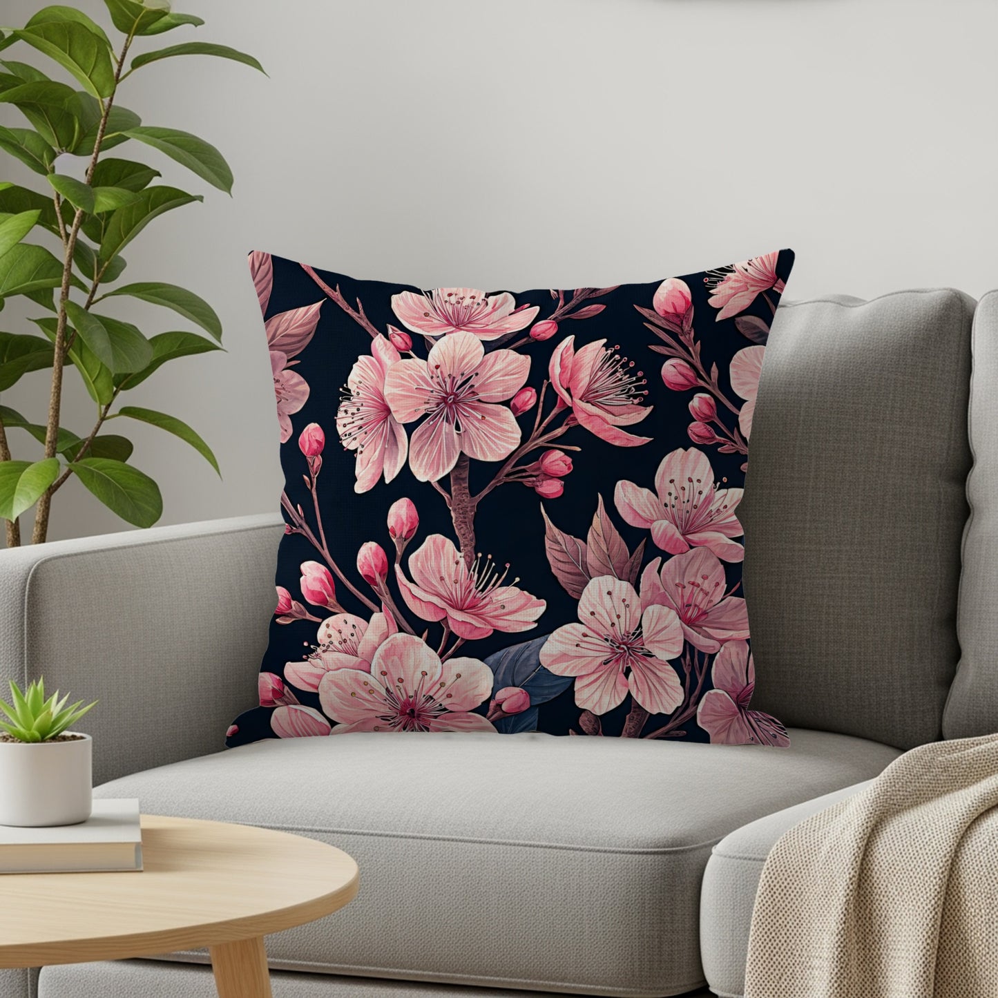 Delicate Pink Blossoms on Dark Branching Decorative Floral Throw Pillows - Walk Greener
