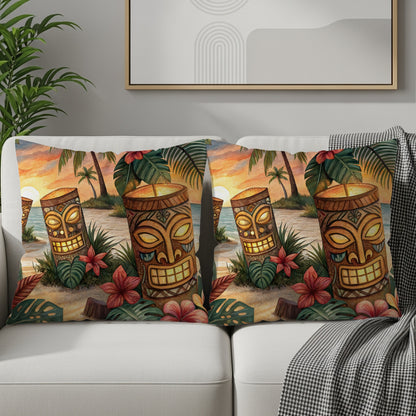 Tropical Tiki Sunset Beach Scene Pillow Cover Set