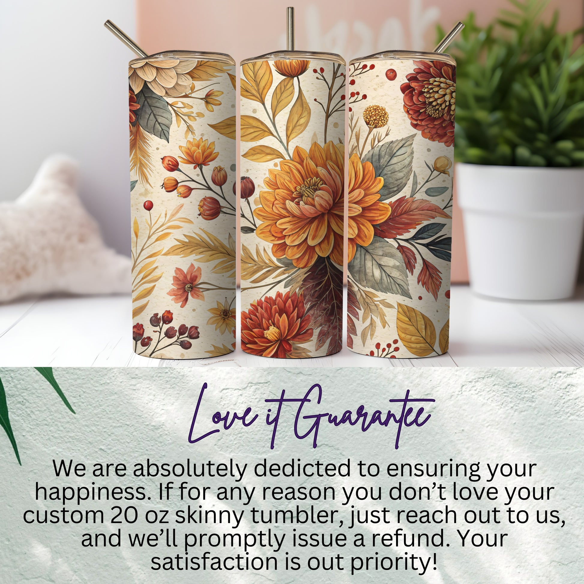 Beautiful Floral Design Custom 20 oz Skinny Tumbler