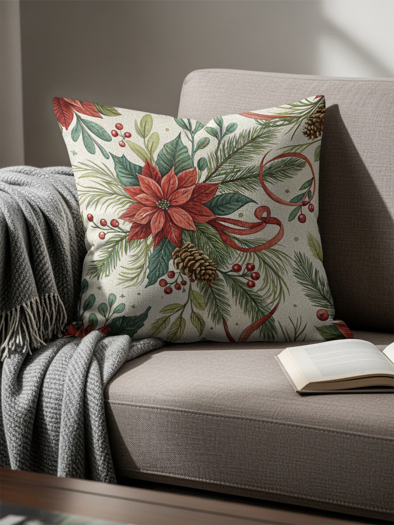 Festive Poinsettia and Pinecone Design Accent Pillow