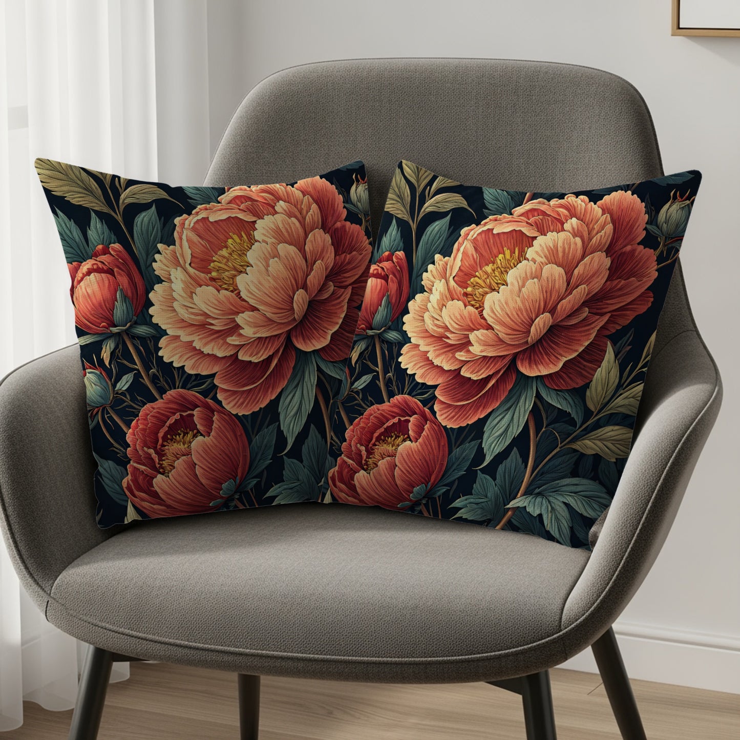 Botanical Peony Garden Print in Coral and Teal Decorative Floral Throw Pillows - Walk Greener
