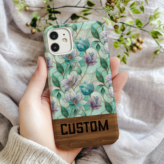 Custom Floral Design Phone Case with Wooden Accent