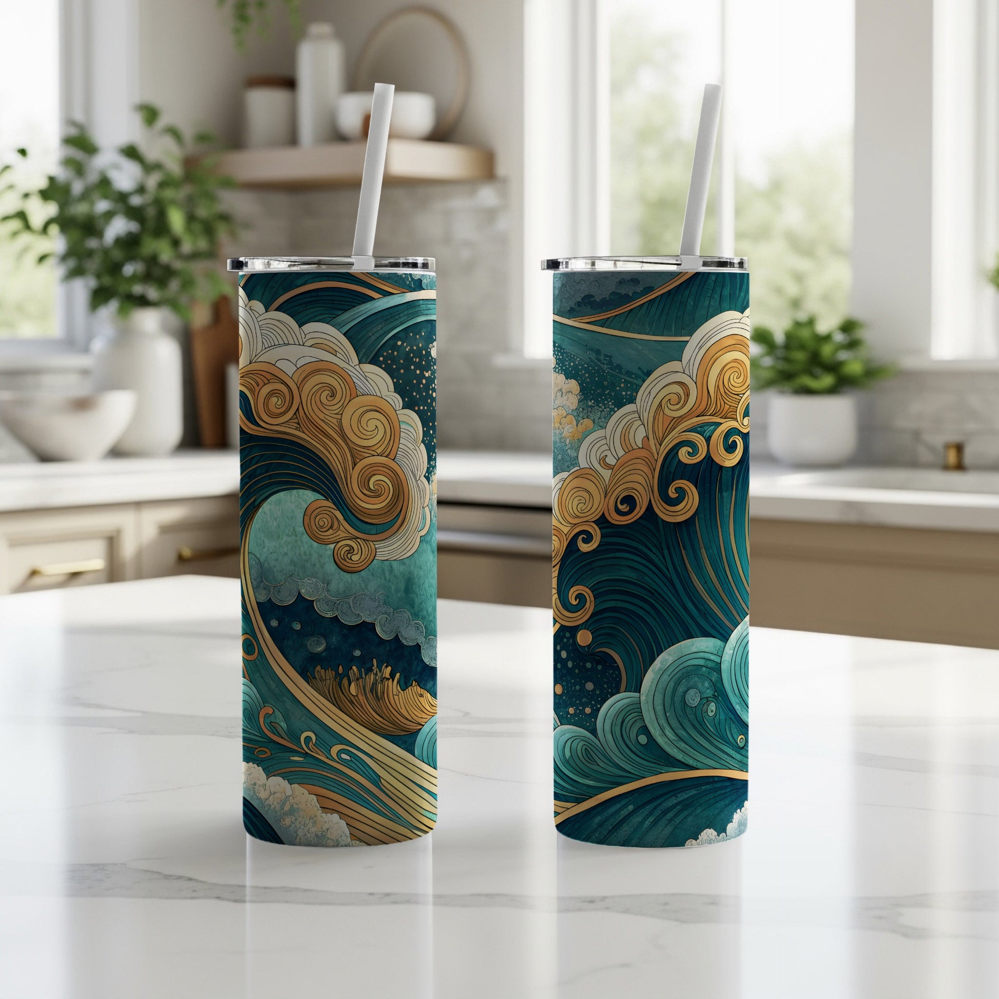 Ocean Waves and Swirls Design Tumbler Cup