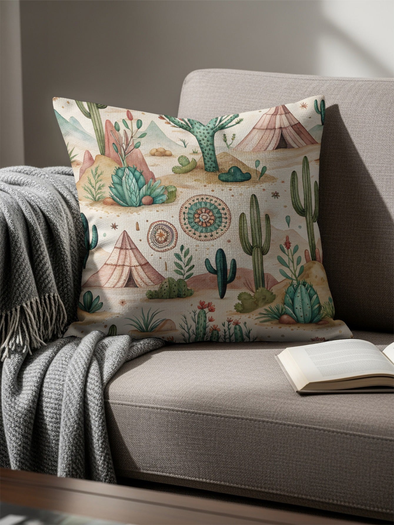 Boho Southwestern Desert Illustration Throw Pillow