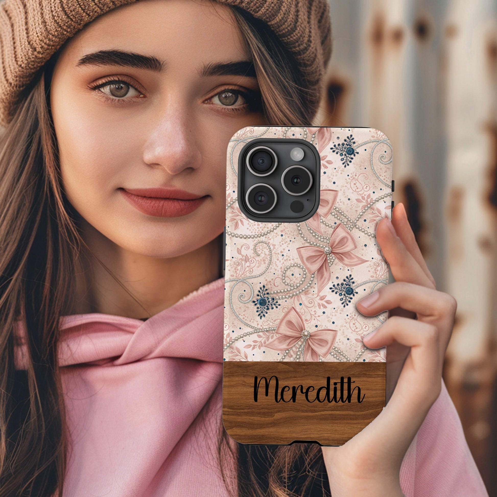 Custom Pink Floral Bow iPhone Case with Name Meredith