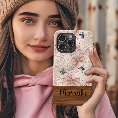 Custom Pink Floral Bow iPhone Case with Name Meredith