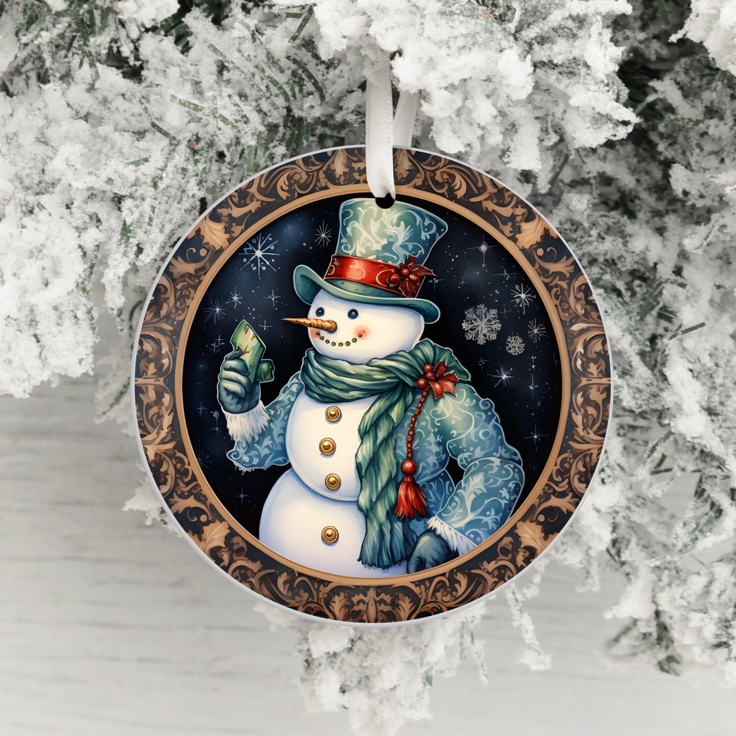 Festive Snowman Christmas Tree Round Ornament product type