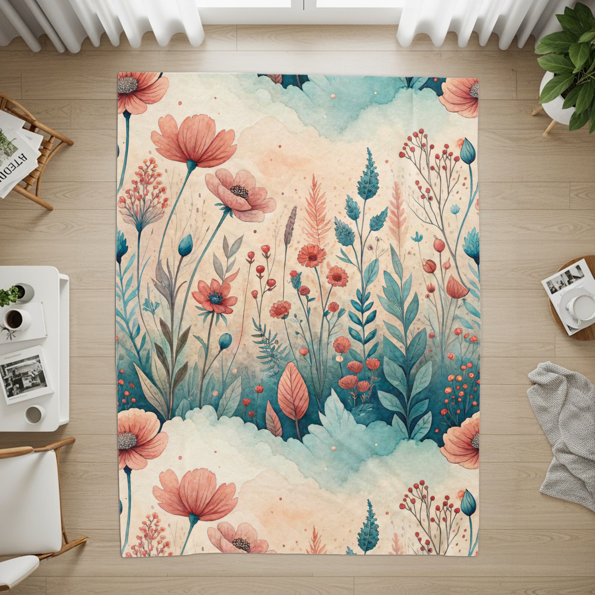 Watercolor Floral Meadow Peach Blossoms and Blue Sprigs - Walk Greener