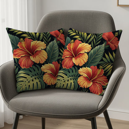 Tropical Hibiscus with Green Leaves Decorative Floral Throw Pillows - Walk Greener