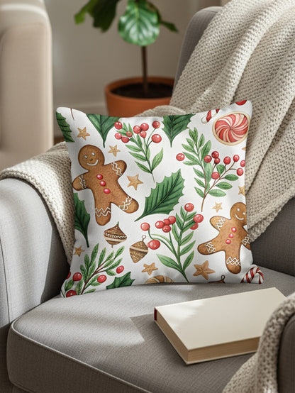 Festive Holiday Gingerbread and Holly Throw Pillow