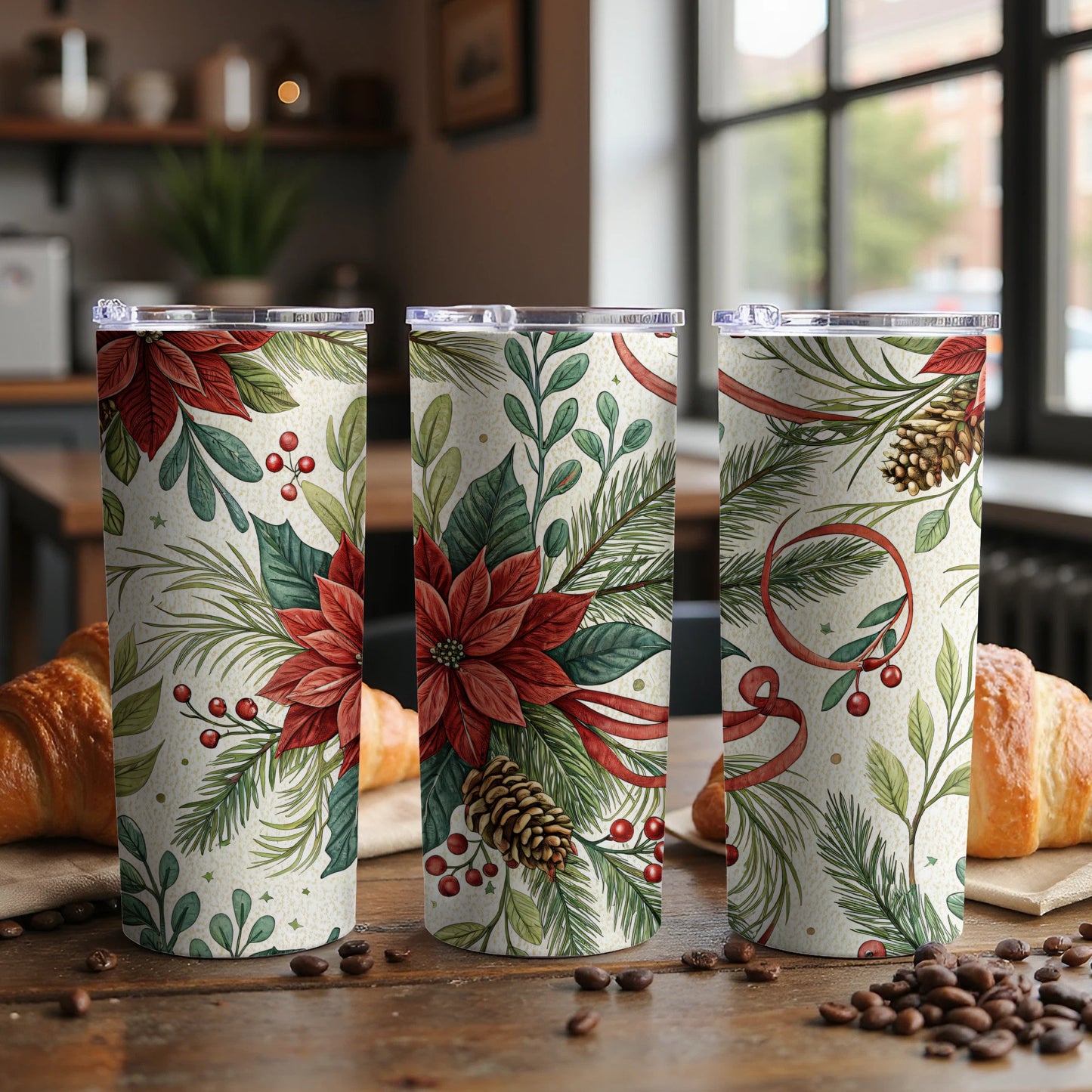 Festive Poinsettia and Pinecone Designed Tumbler Cup