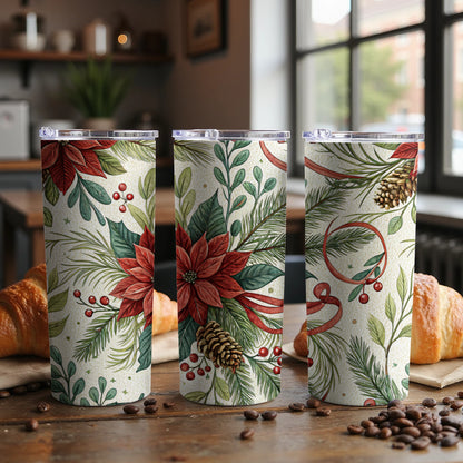 Festive Poinsettia and Pinecone Designed Tumbler Cup