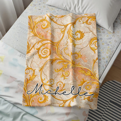 Gold Floral Swirls on Marble Custom Name Blanket - Walk Greener