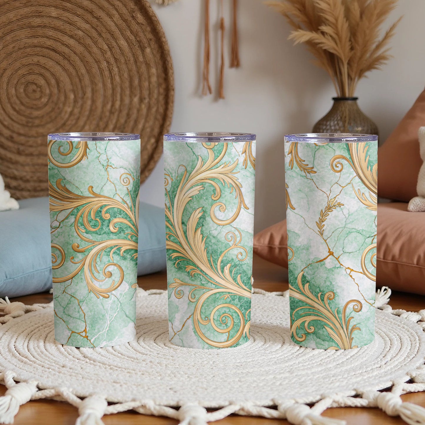 Elegant Green and Gold Swirl Insulated Tumbler