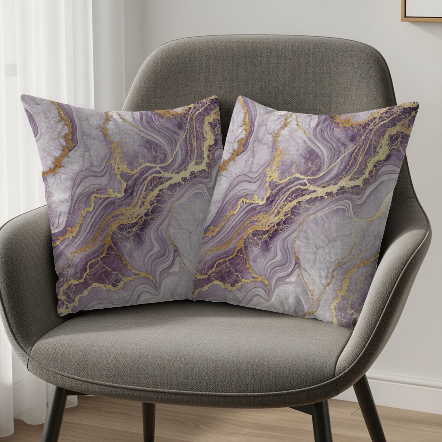 Elegant Marble Effect Purple and Gold Decorative Pillow Set