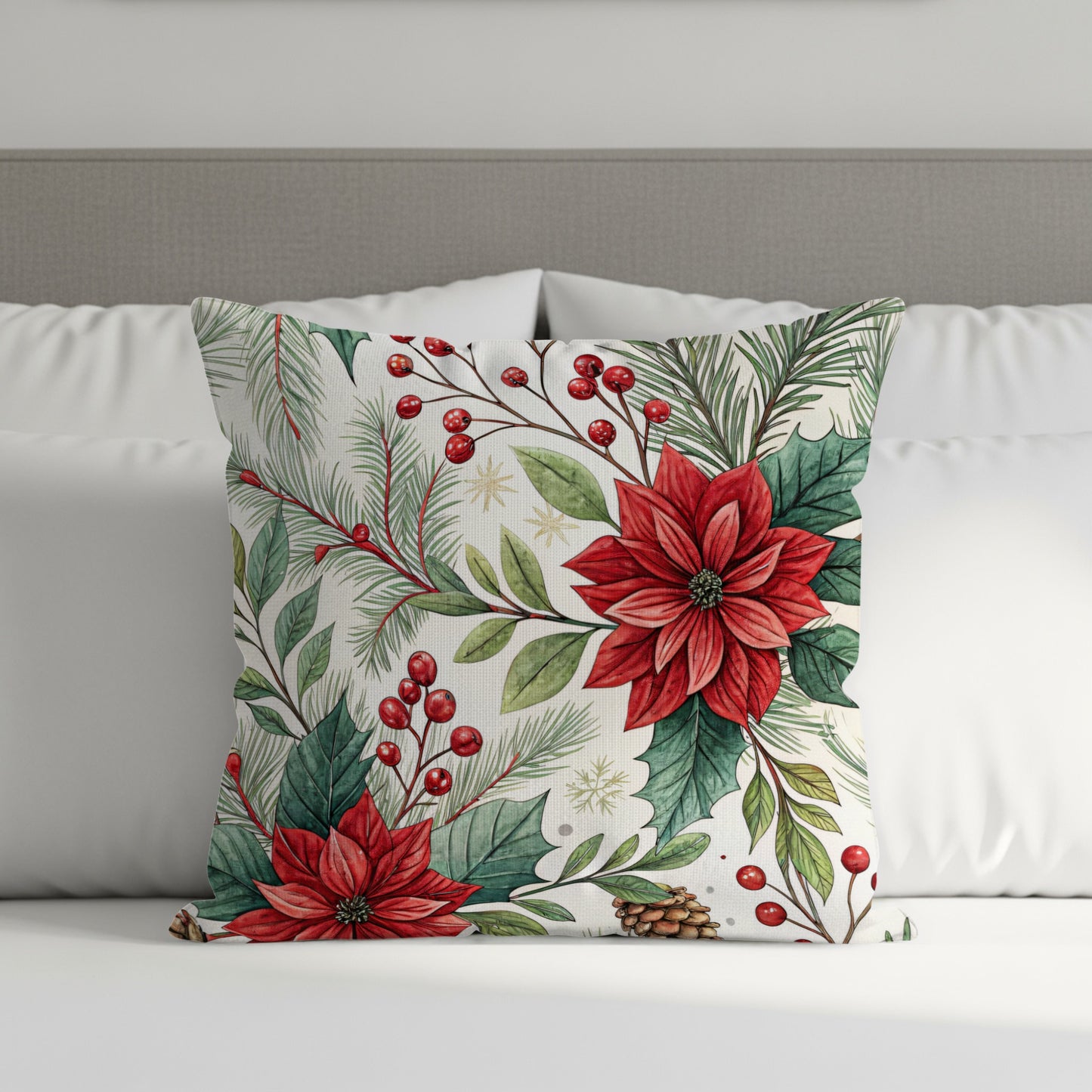 Festive Holiday Poinsettia and Berries Pillow Cover