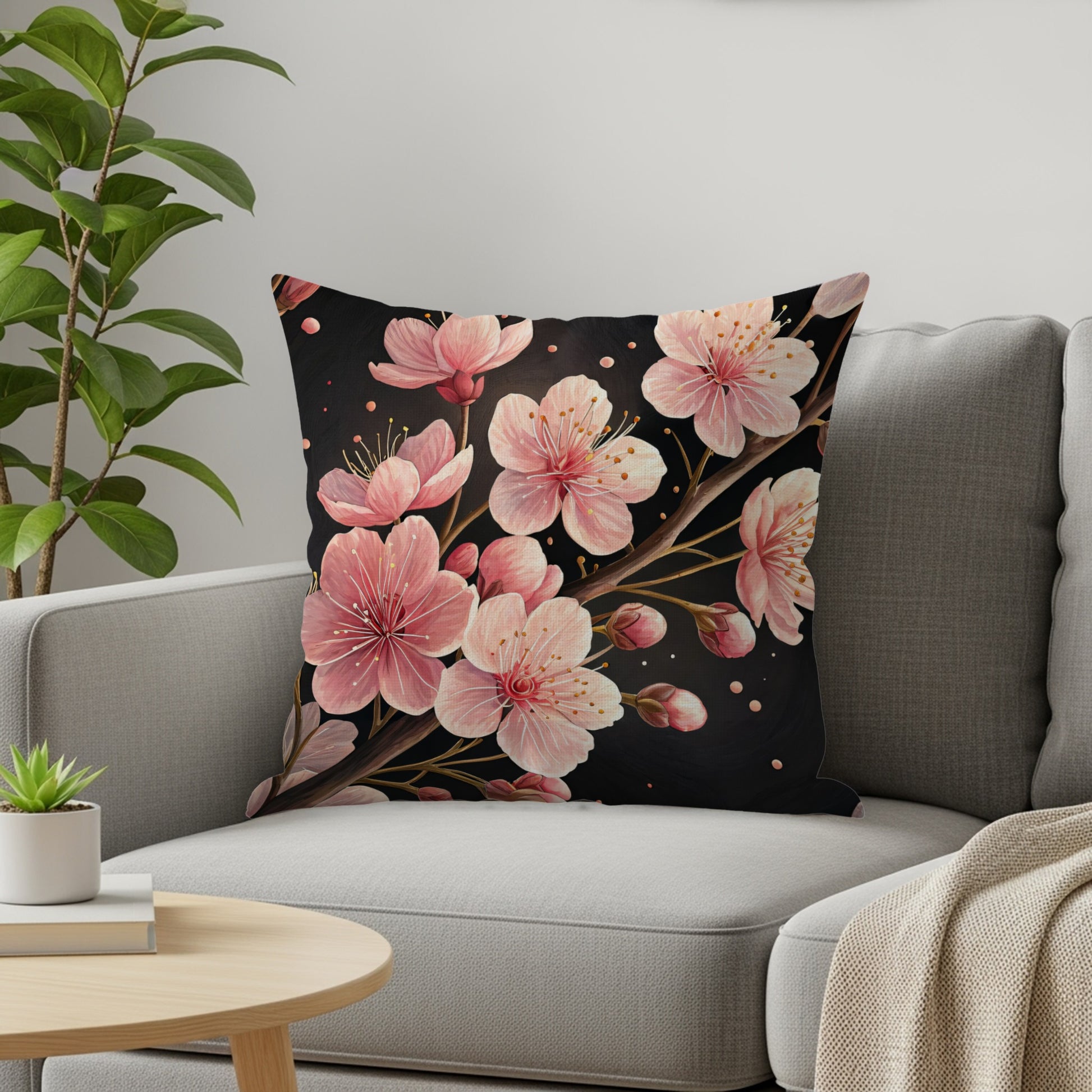 Dark Cherry Blossom Floral Branch Decorative Floral Throw Pillows - Walk Greener