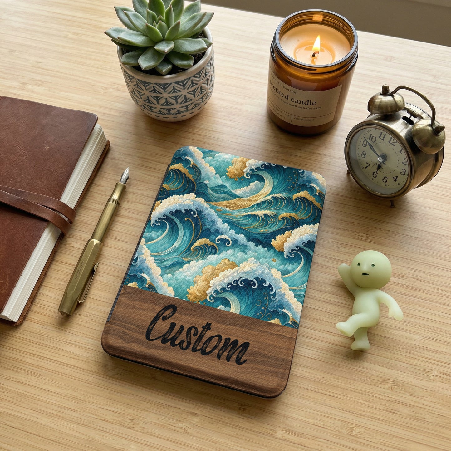 Custom Ocean Wave Design Journal with Wooden Base