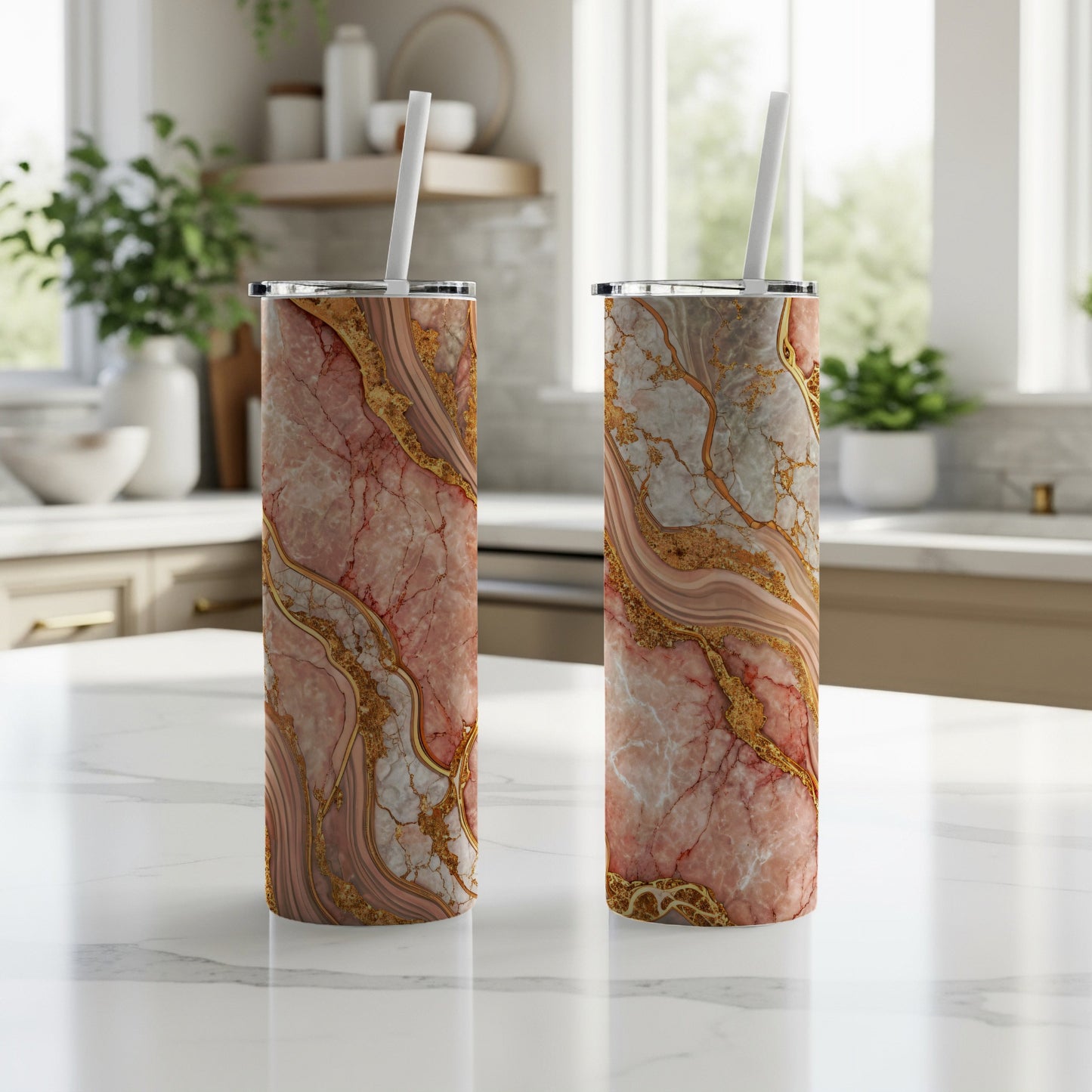Elegant Marble Design Insulated Tumbler with Straw