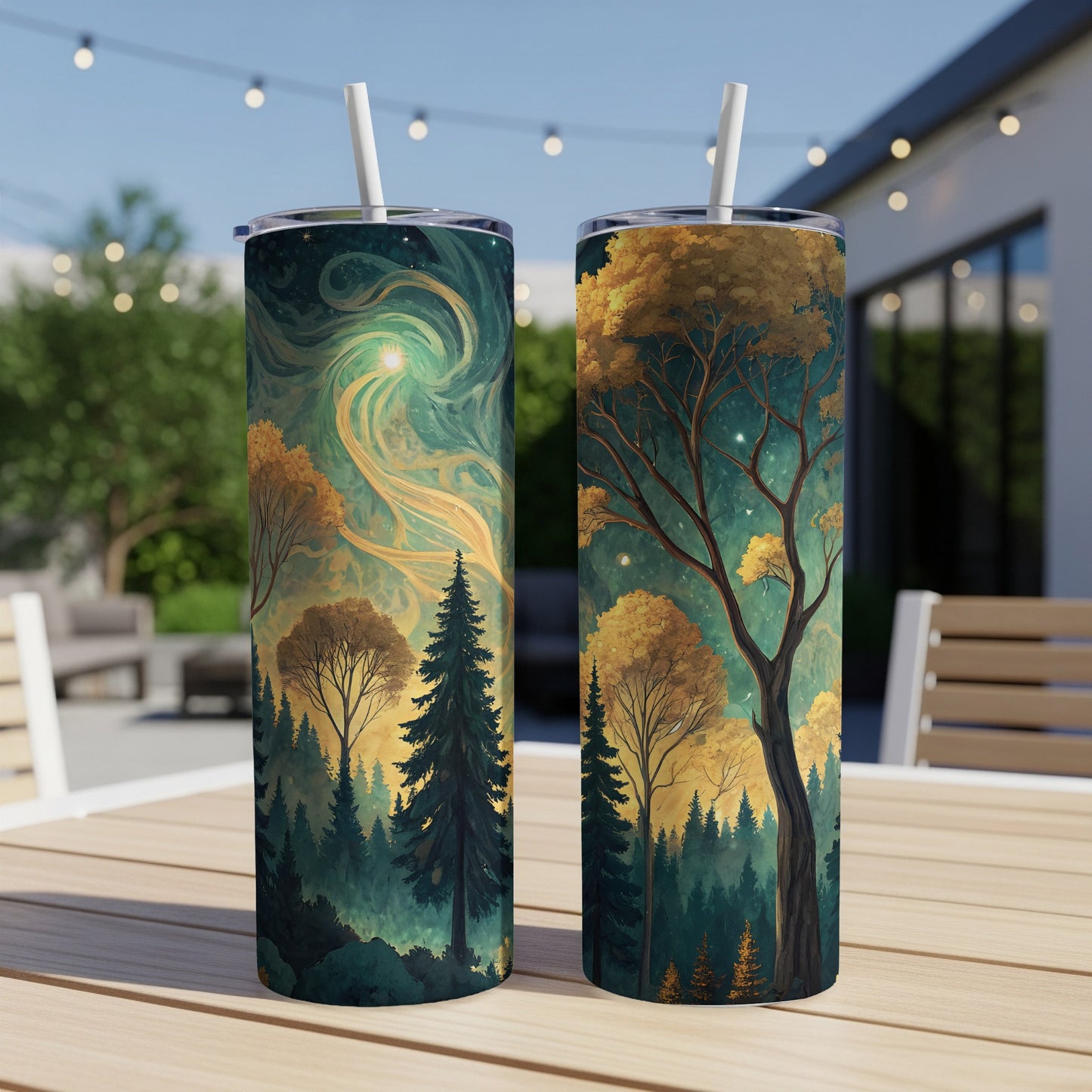 Enchanting Forest Design Tumbler with Lid and Straw