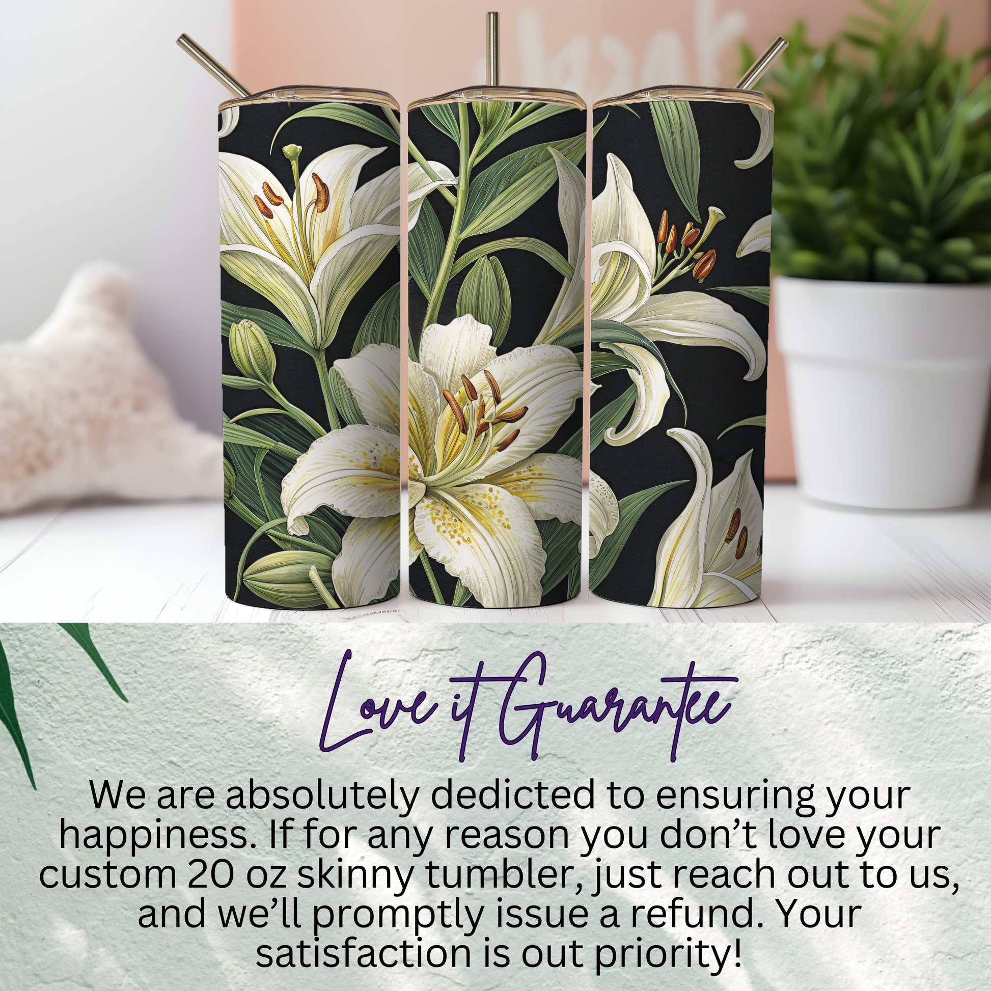 Custom 20 oz Skinny Tumbler White Lily Flower Design