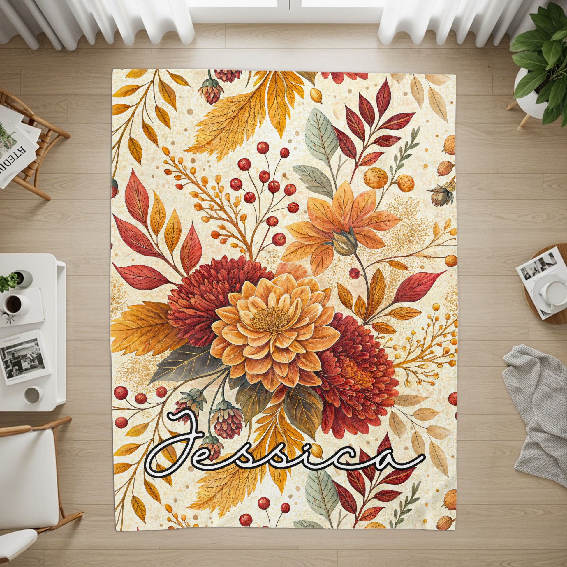 Personalized Autumn Floral Design Area Rug with Name Jessica