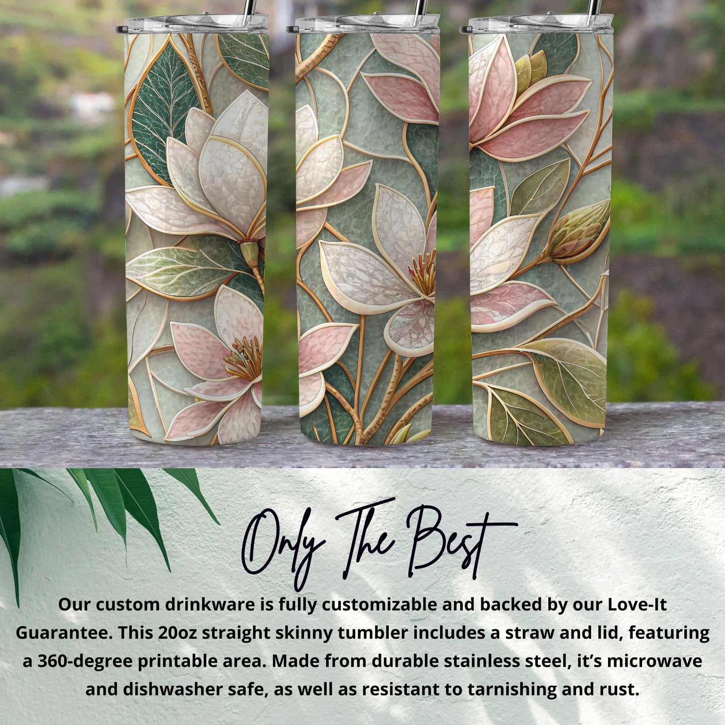 Magnolia Blossom Patterned Decorative Image Design for Tumblers 20 oz Skinny Tumbler - Walk Greener