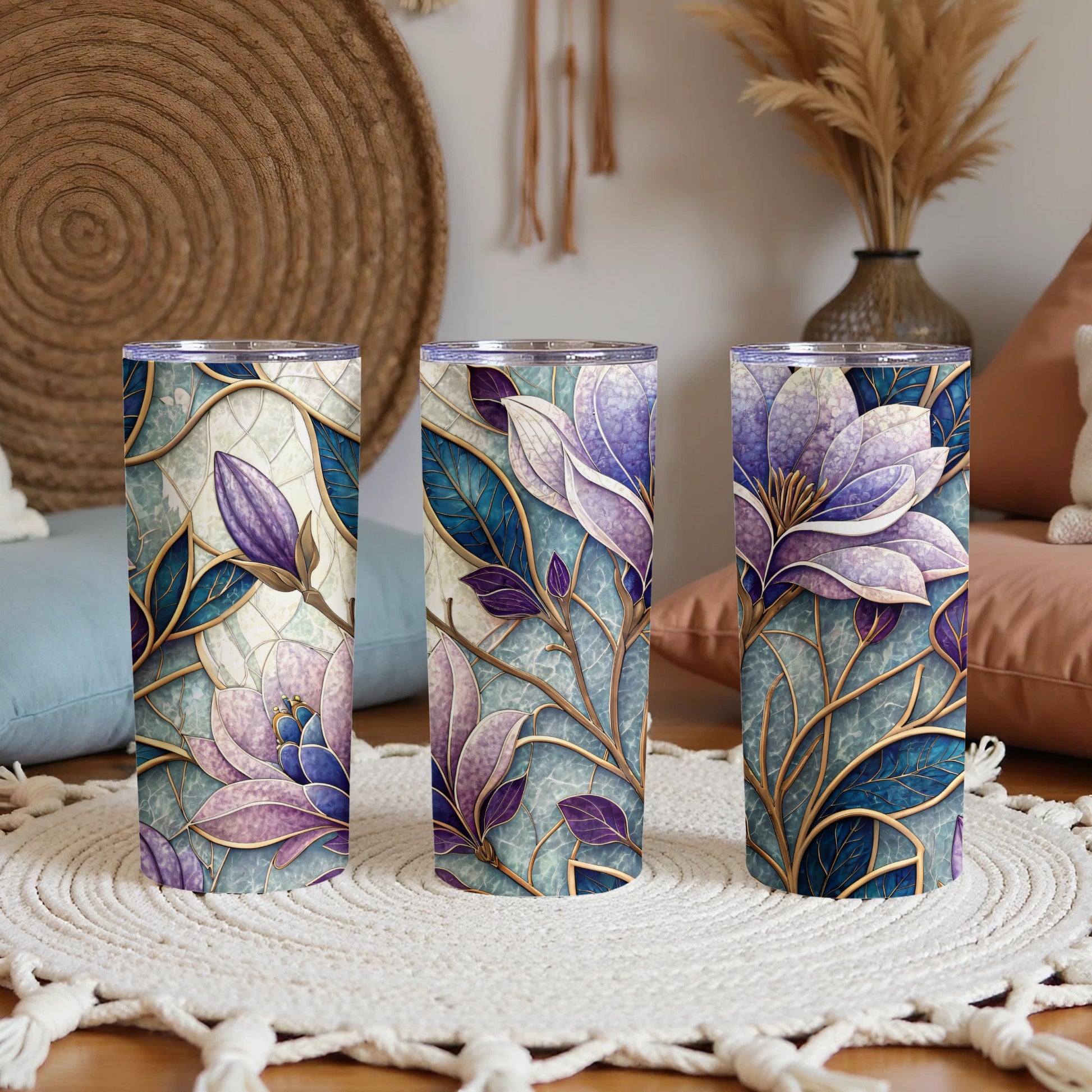 Floral Art with Gold Outlines on Blue White 20 oz Skinny Tumbler - Walk Greener