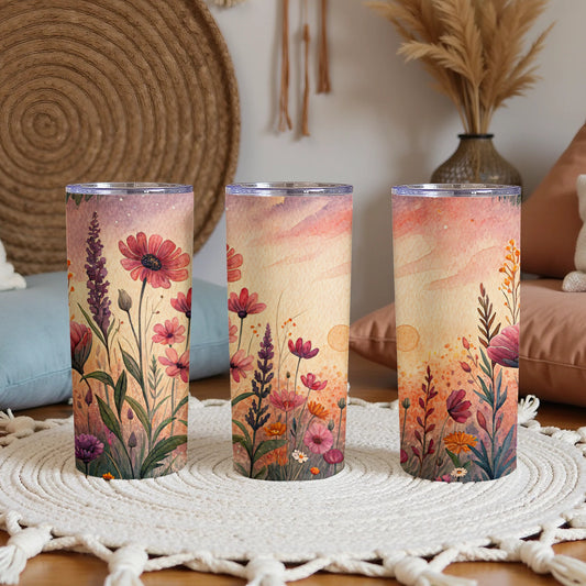 Watercolor Wildflower Meadow at Sunset 20 oz Skinny Tumbler - Walk Greener