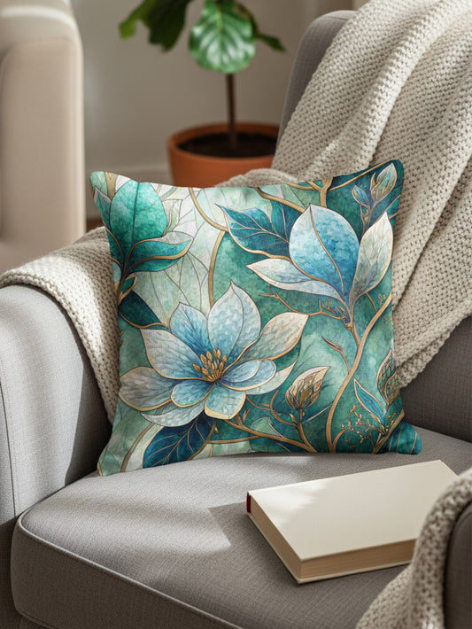 Teal Blue Botanical Magnolias Floral Pattern Throw Pillows - Walk Greener