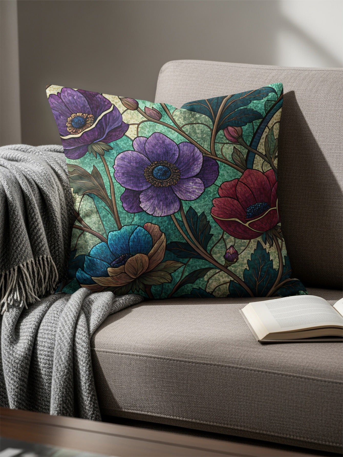 Floral Stained Glass Pattern Colorful Flower Throw Pillows - Walk Greener