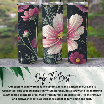Elegant Cosmos Floral Pattern Design on Dark Backdrop Tumblers - Walk Greener