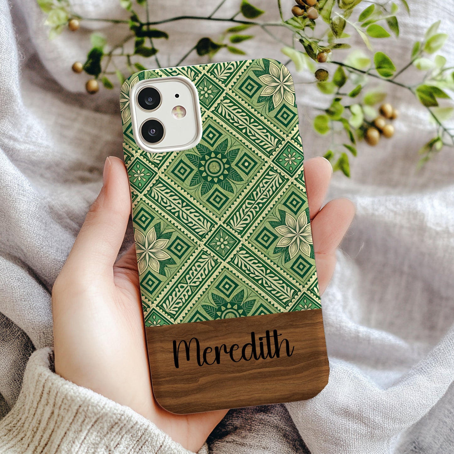 Personalized Green Pattern Phone Case with Meredith Name