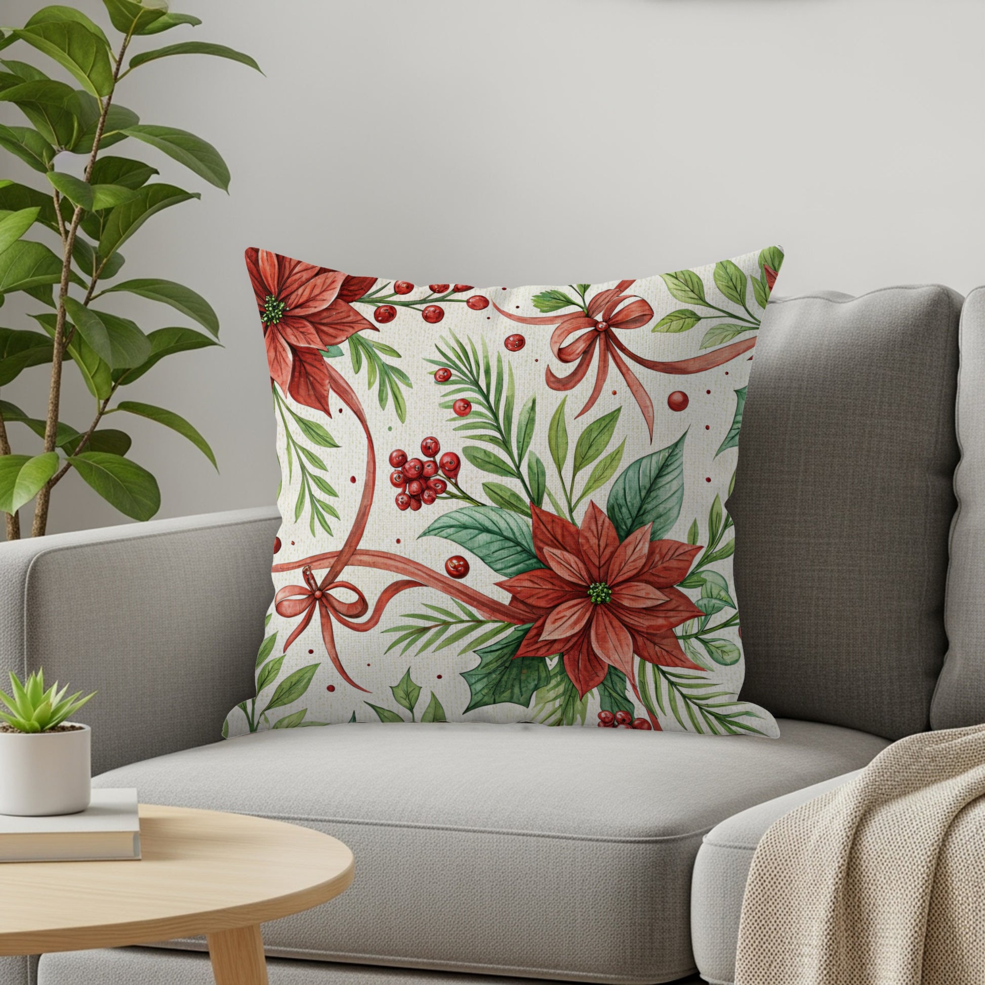 Festive Poinsettia Decorative Throw Pillow for Holiday Decor