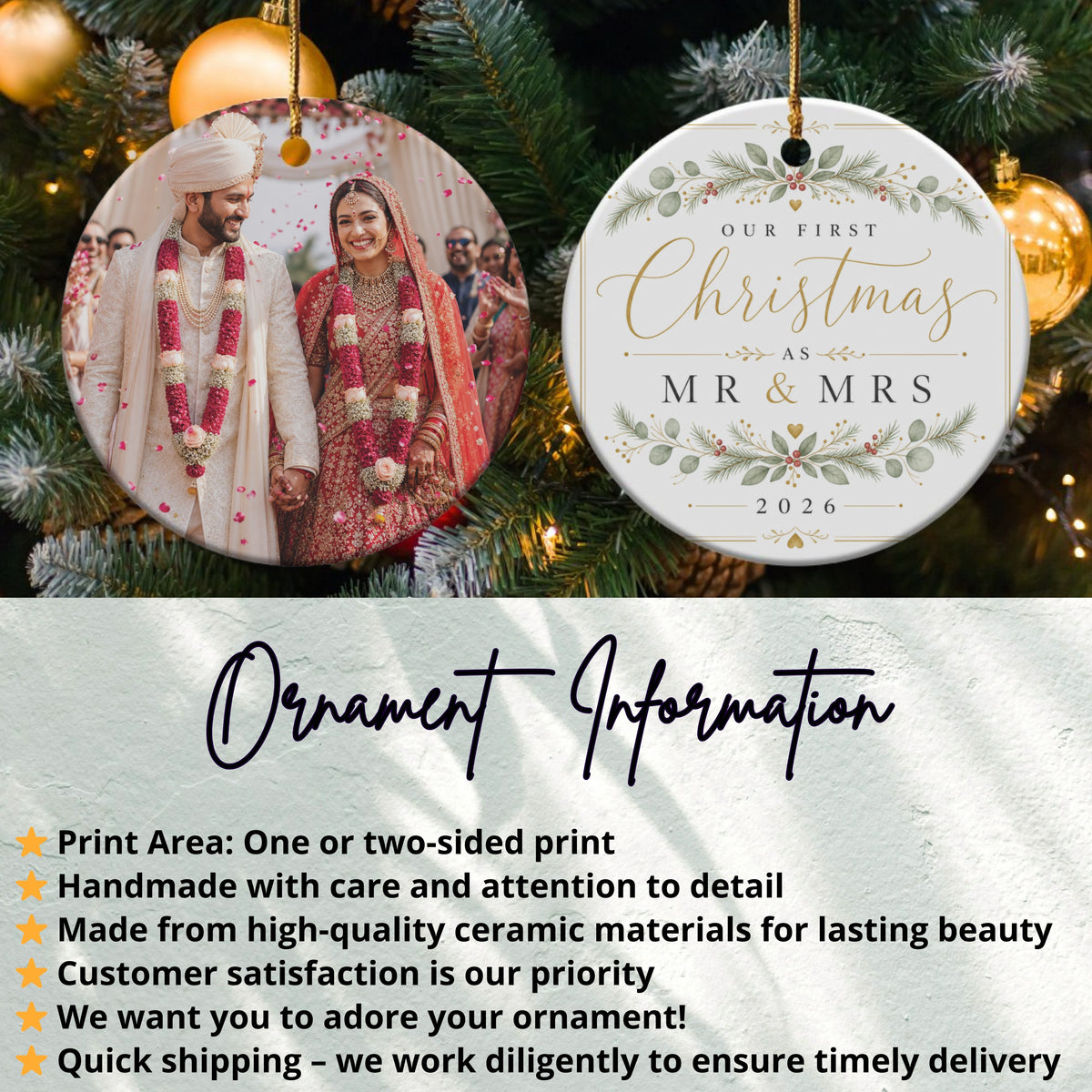 Personalized Mr & Mrs ornament with wedding photo, "Our First Christmas 2026".