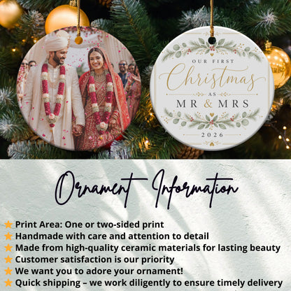 Personalized Mr & Mrs ornament with wedding photo, "Our First Christmas 2026".