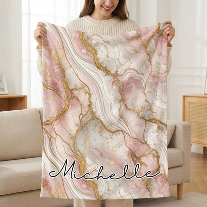 Pink Gold Marble Effect Custom Name Blanket Personalized - Walk Greener