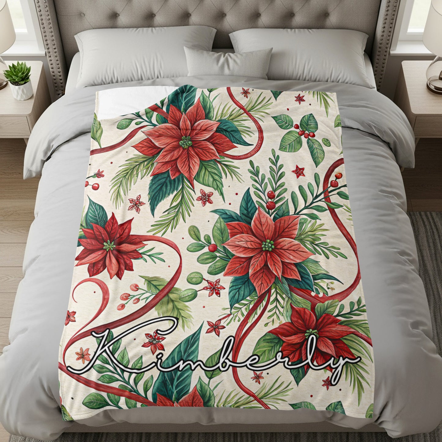 Personalized Christmas Poinsettia Throw Blanket