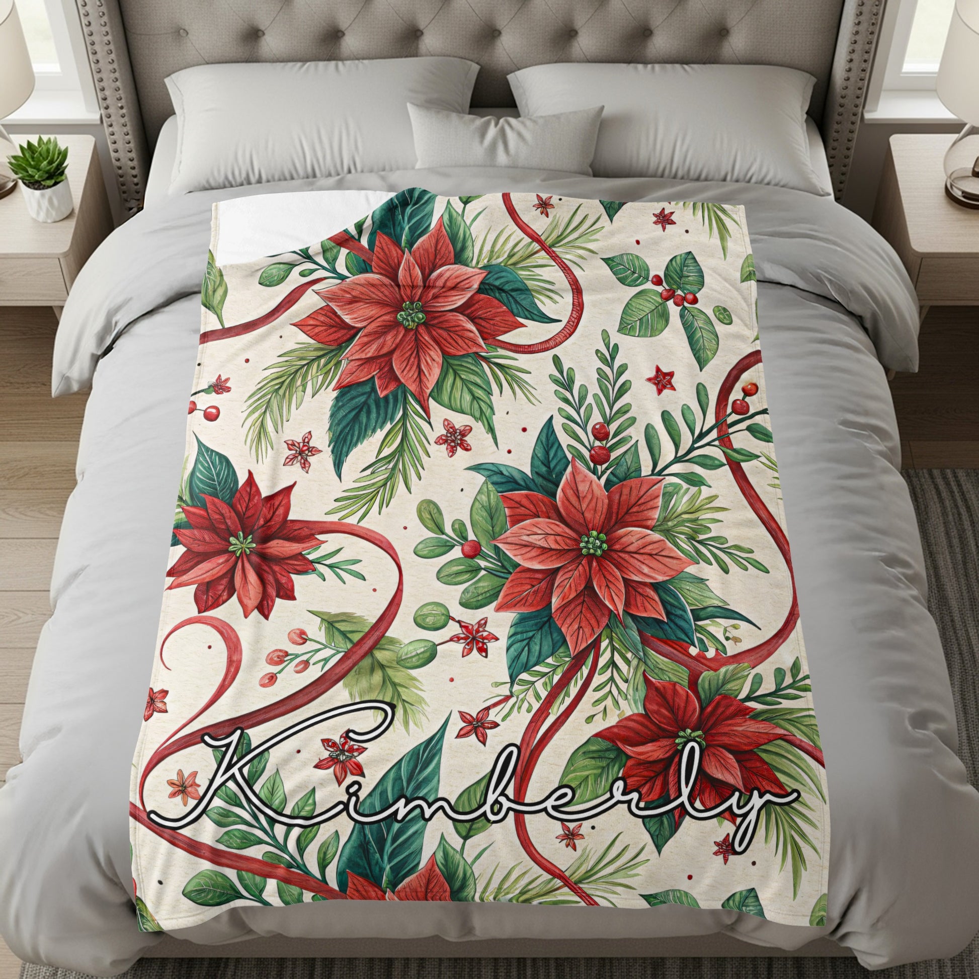 Personalized Christmas Poinsettia Throw Blanket