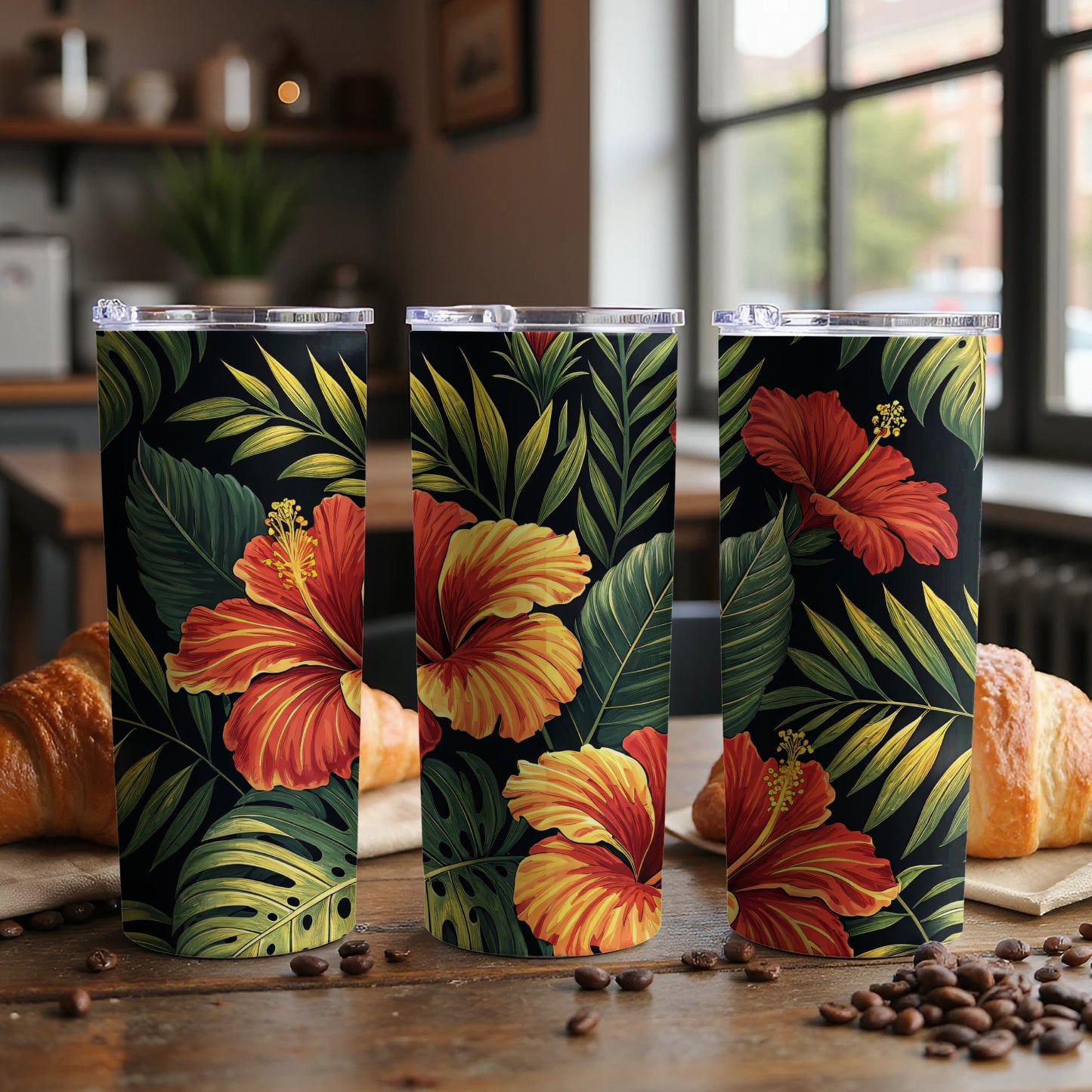Tropical Hibiscus and Leaf Design Travel Tumbler