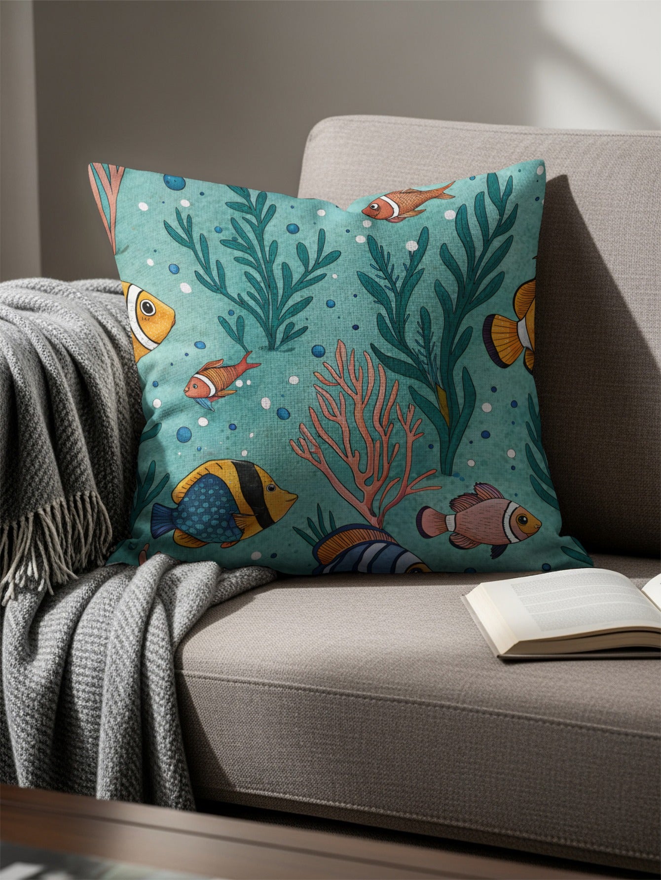 Colorful Underwater Fish Theme Cushion Cover